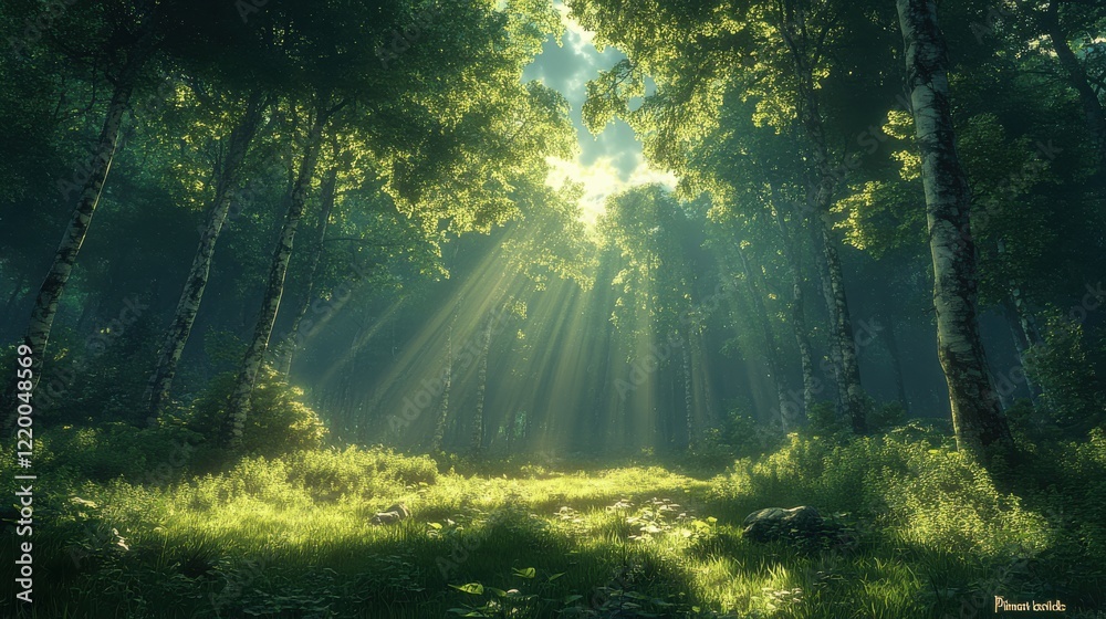 Obraz premium Enchanting Mystical Forest: Photorealistic Scene with Dramatic Shadows and Serene Fog