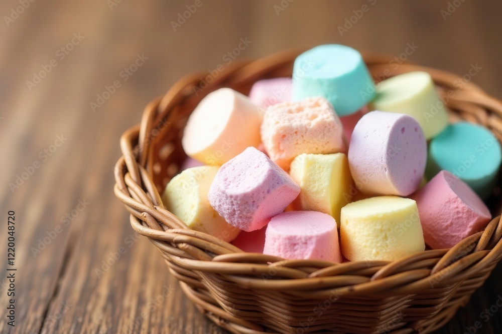 Pastel colored marshmallows on a wicker basket weave background, natural, rustic Pastel colored marshmallows on a wicker basket weave background, natural, rustic