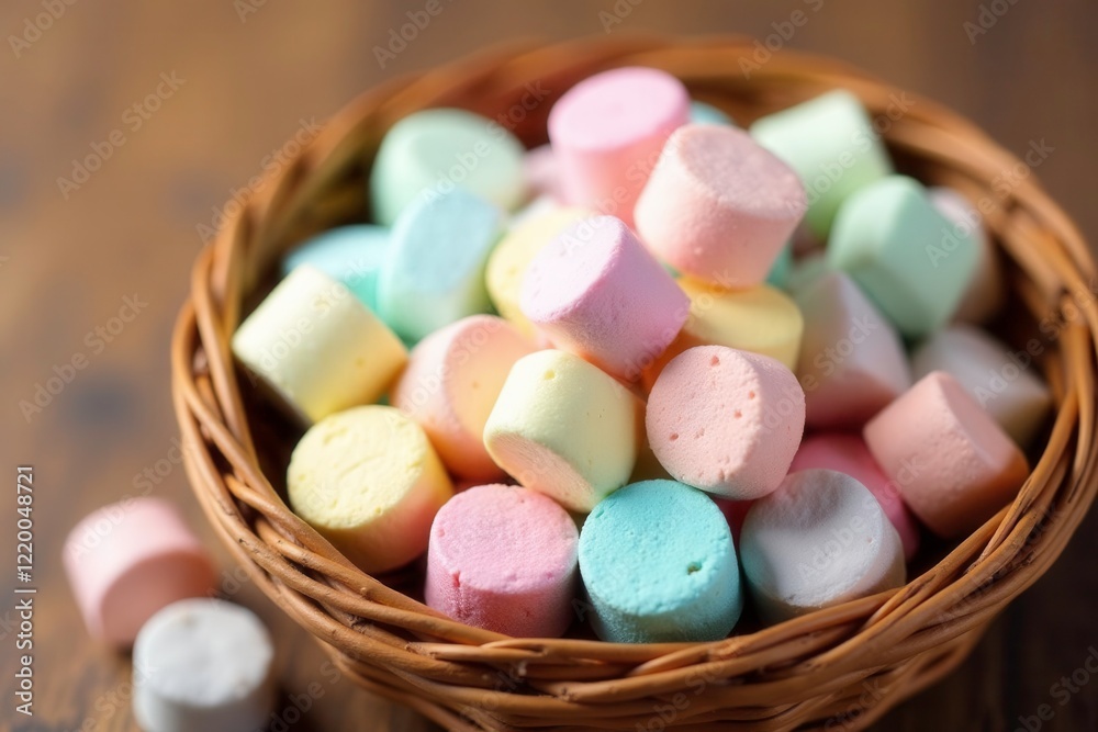 Pastel colored marshmallows on a wicker basket weave background, earthy, weave, basket Pastel colored marshmallows on a wicker basket weave background, earthy, weave, basket