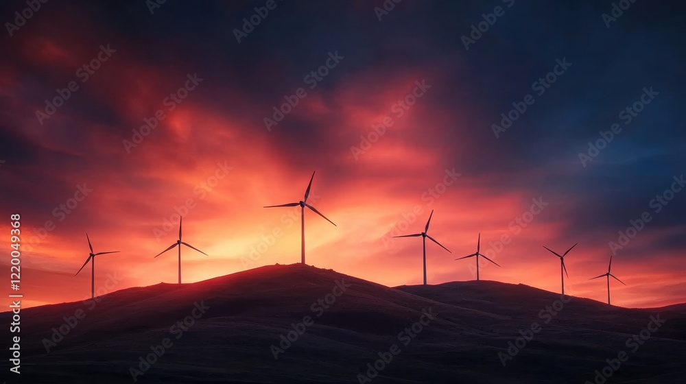 Wind turbines silhouetted against a vibrant sunset sky Wind turbines silhouetted against a vibrant sunset sky