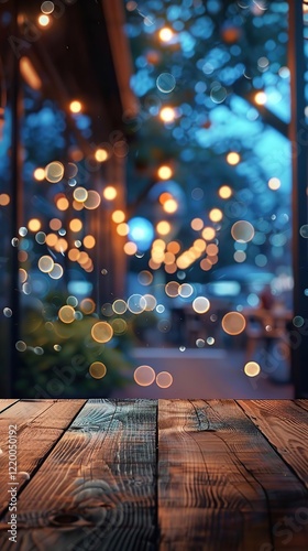 a wooden table with a blurry background of lights photo