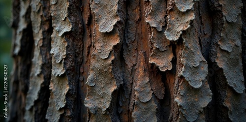 Peeling, grayish-brown tree bark with flaking scales, texture, nature