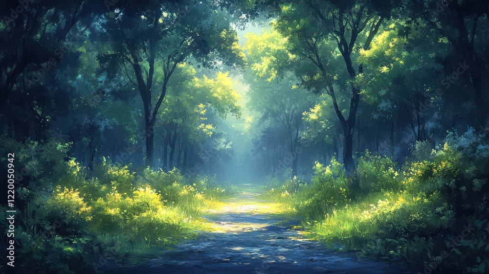 Naklejka premium Enchanted Forest: Mystical Fog Oil Painting with Ethereal Glow