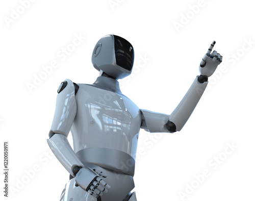 Humanoid robot with black face finger point isolated on white