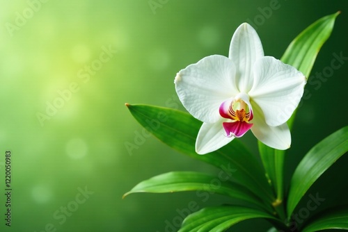 Green leaves and white petals of Cattleya orchid, garden blooms, plant leaves, cattleya