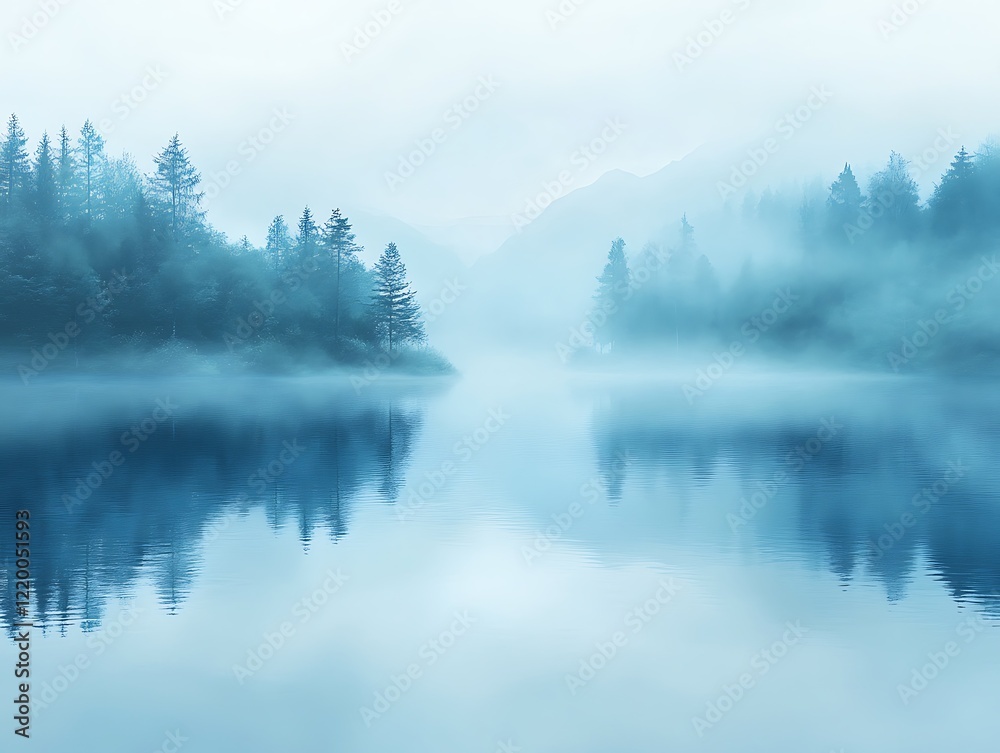 Fototapeta premium Misty lake reflections forest landscape nature photography tranquil view