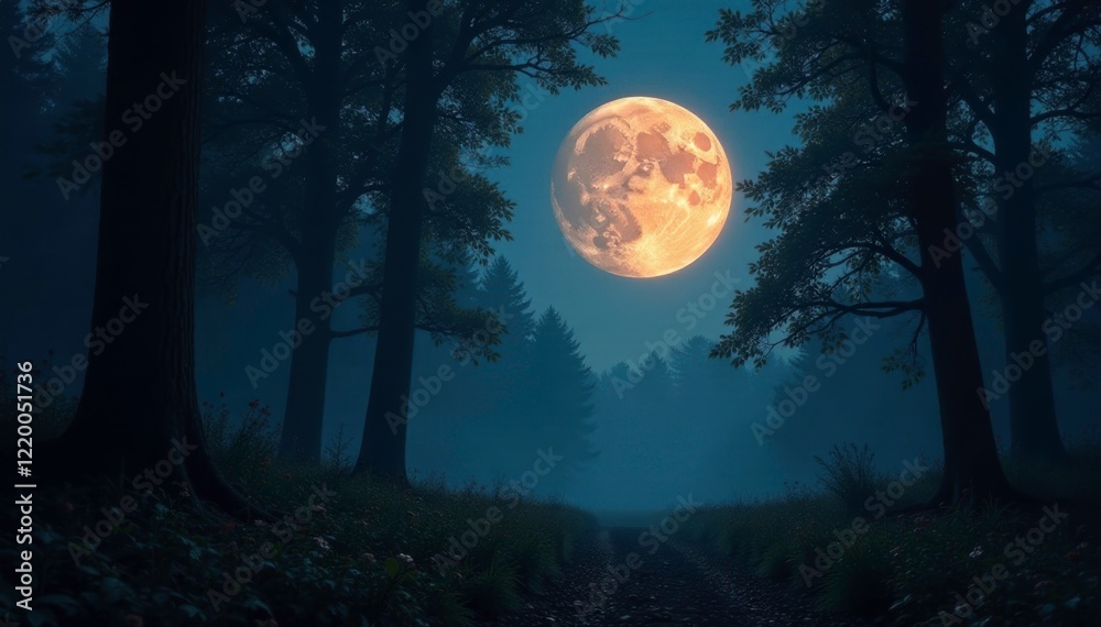 Fototapeta premium Dark forest awakens to supermoon's gentle beam, shadowy, forest, supermoon