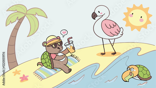 Playful beach cartoon vector featuring animals like bears surfing, turtles sunbathing, and flamingos sipping coconut juice with palm trees, sandy shorelines, and a bright sunny atmosphere