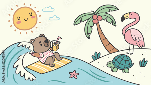 Playful beach cartoon vector featuring animals like bears surfing, turtles sunbathing, and flamingos sipping coconut juice with palm trees, sandy shorelines, and a bright sunny atmosphere