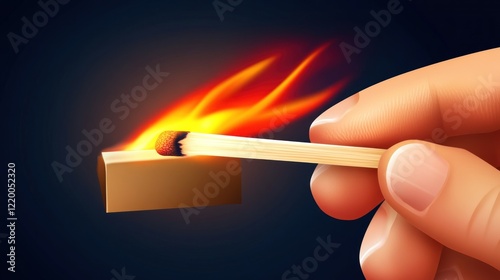 A hand striking a match, igniting it with flames against a dark background. photo