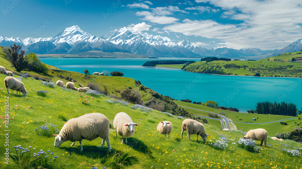 Fototapeta premium Road less traveled: A Serene Vista of New Zealand's Landscapes featuring Green Pastures, Azure Waters, and Snow-Capped Peaks