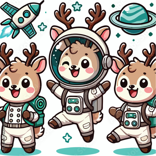 Cute Deer Astronaut Cartoon Vector Icon Illustration