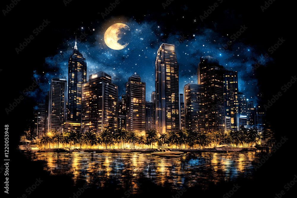 Fototapeta premium A city skyline with a large moon in the sky. The city is lit up at night, creating a serene and peaceful atmosphere