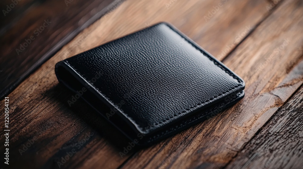 Elegant black leather wallet on wooden surface Elegant black leather wallet on wooden surface