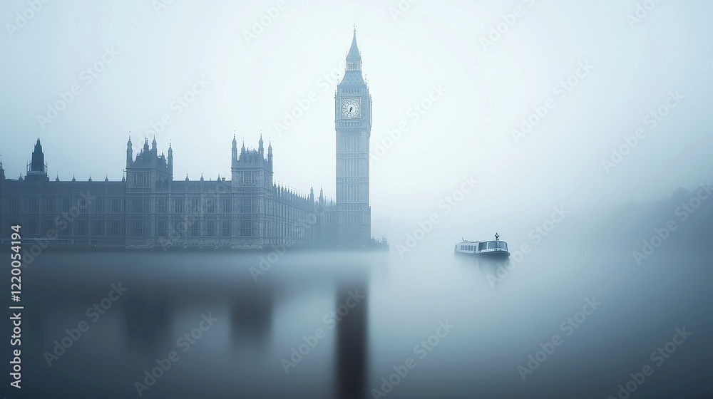 Obraz premium Big Ben and Houses of Parliament by the Thames, iconic London skyline, historic architecture, vibrant river activity, bustling city life, quintessential British scene.