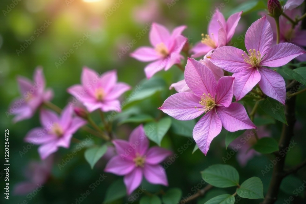 Pinkish-purple clematis flowers in full bloom on a tree, tree, branches, foliage Pinkish-purple clematis flowers in full bloom on a tree, tree, branches, foliage