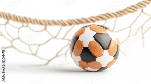 Football ball near net on white background. Generative AI photo