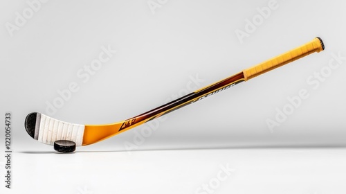 Hockey stick and puck on white background. Generative AI photo