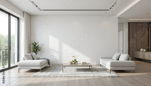 A spacious,   with an empty  modern living room and a blank wall for mock-up 
