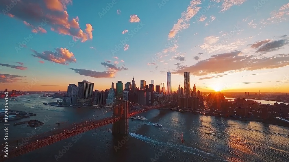Fototapeta premium Brooklyn Bridge at Sunset, vibrant skyline of downtown New York City illuminated by warm hues, expansive view showcasing iconic architecture against a serene evening sky