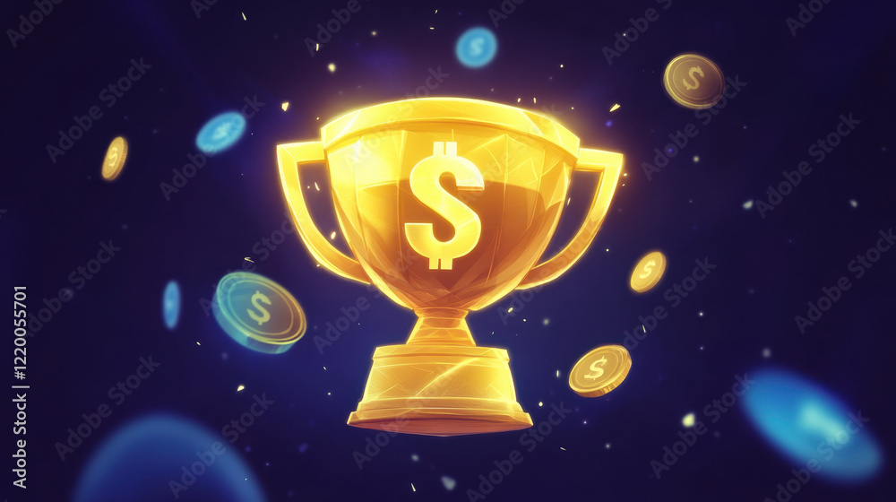 golden trophy with dollar sign, surrounded by floating coins, symbolizes success and wealth. This vibrant image captures essence of achievement and prosperity golden trophy with dollar sign, surrounded by floating coins, symbolizes success and wealth. This vibrant image captures essence of achievement and prosperity