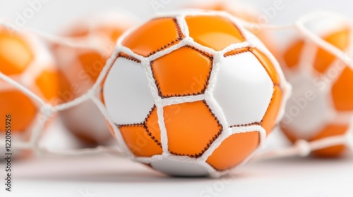 Soccer balls in net on white background. Generative AI photo