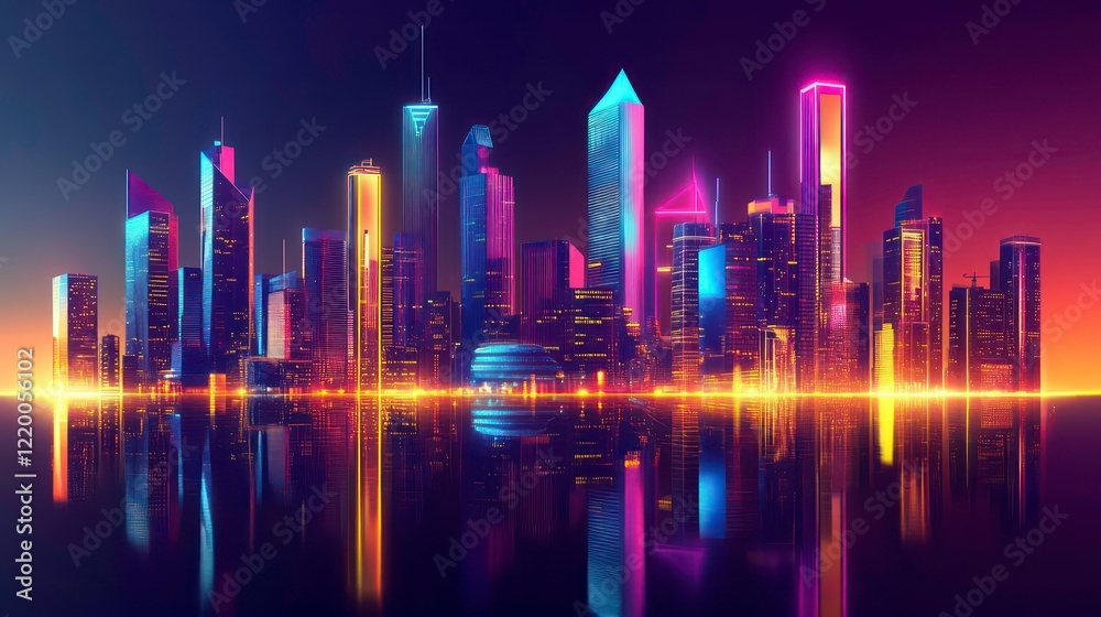 Fototapeta premium Vibrant neon cityscape reflected in water at night.