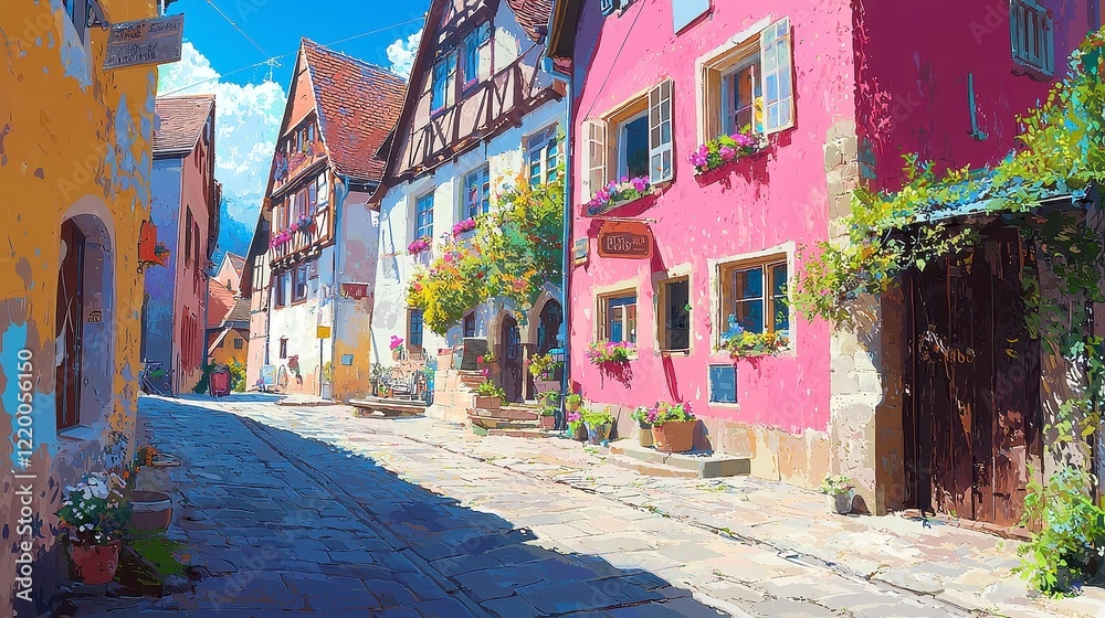 Fototapeta premium Charming Half-Timbered Homes in Rothenburg ob der Tauber, vibrant facades, historic architecture, inviting streets, picturesque scenery, rich cultural heritage, Germany’s medieval beauty