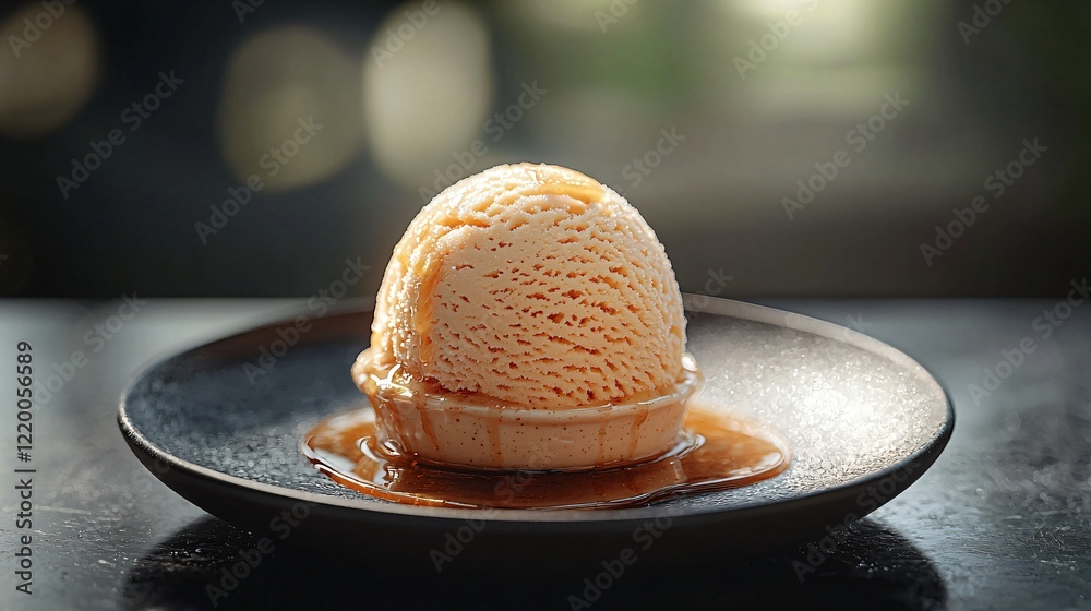 Ice cream scoop with syrup on a black plate in blurred dark background, food photography Ice cream scoop with syrup on a black plate in blurred dark background, food photography