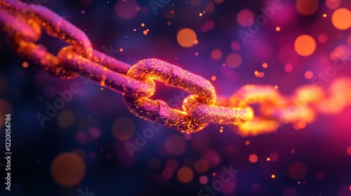 Glowing chain links interlock, sparkling, bokeh background. Represents connection, security, or blockchain technology concepts. photo