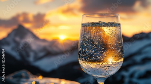 A glass of sparkling drink against a stunning mountain sunset backdrop.
