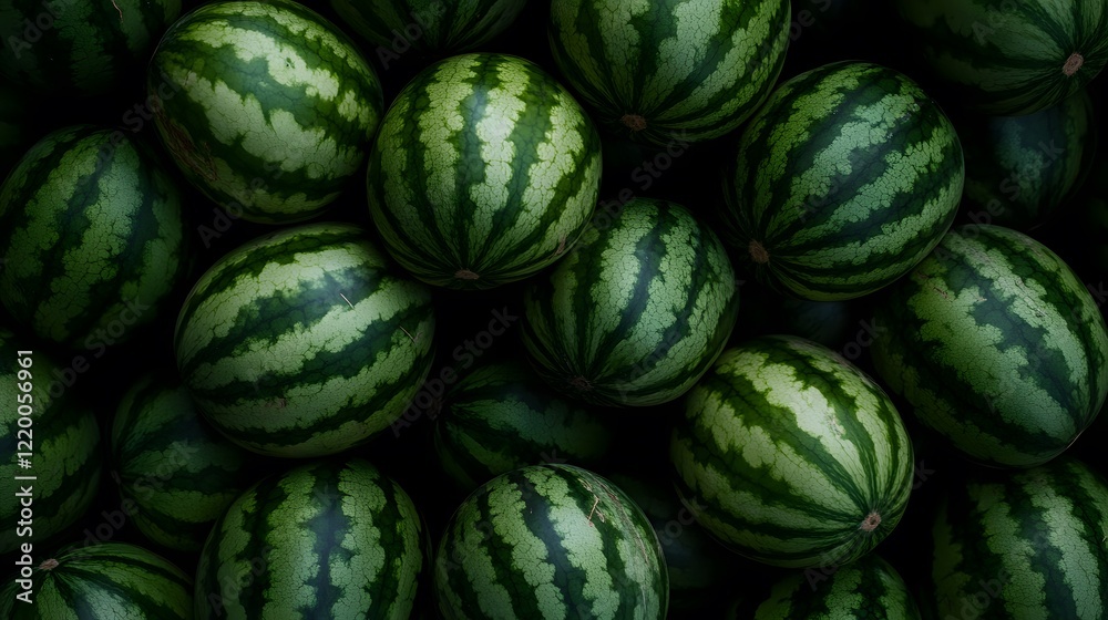 A pile of green and black striped watermelons with white stripes, Generative AI A pile of green and black striped watermelons with white stripes, Generative AI