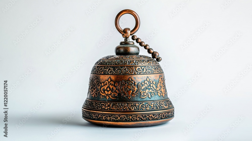 Decorative ornate copper bell with chain on a white background for ornaments Decorative ornate copper bell with chain on a white background for ornaments
