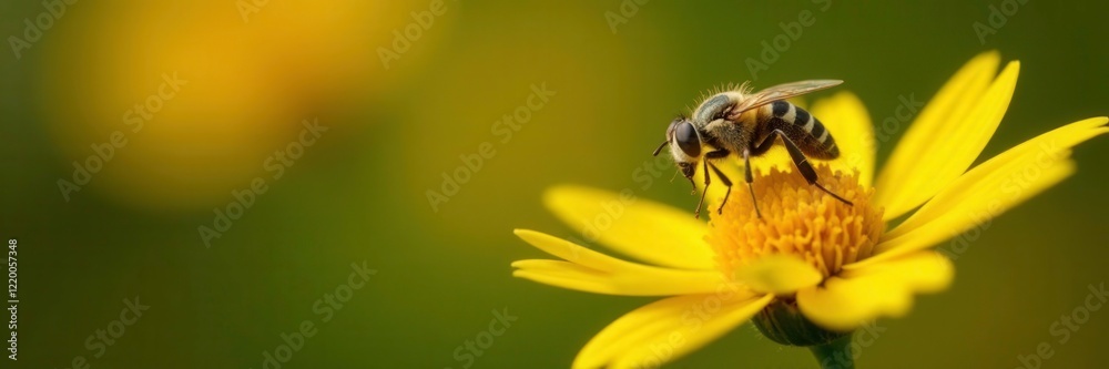 Pollen-covered fly hovering above a yellow flower, insects, hover, fly Pollen-covered fly hovering above a yellow flower, insects, hover, fly