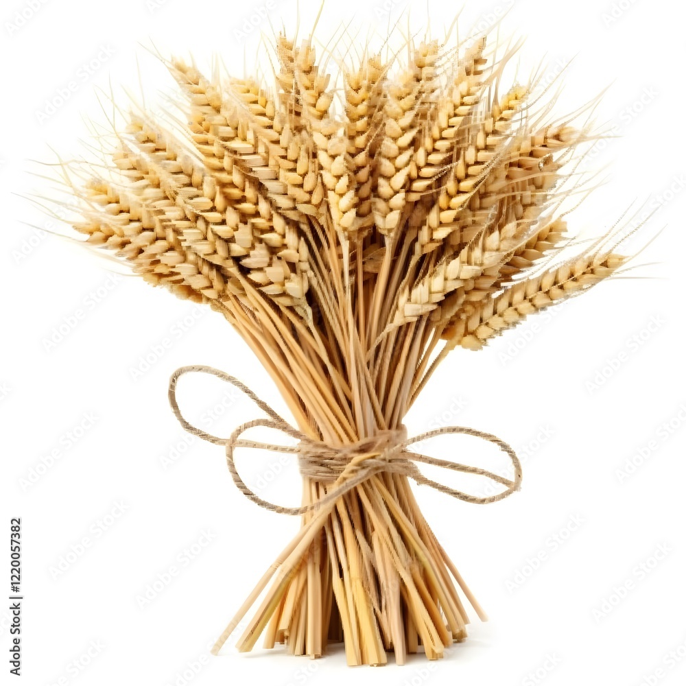 Fototapeta premium A bundle of ripe wheat ears tied together against isolated on white background 