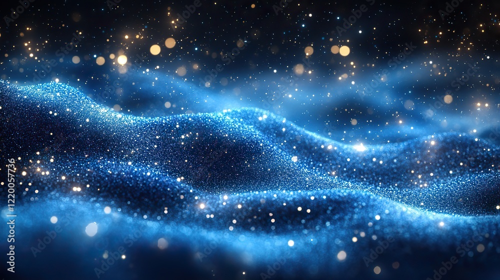 Obraz premium Defocused abstract elegant detailed blue glitter particles flow with a shallow depth of field, creating an underwater holiday magic background.