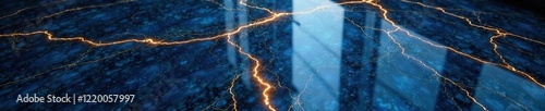 Dark marble floor with gold vein reflections on blue luxury background, reflective, blue