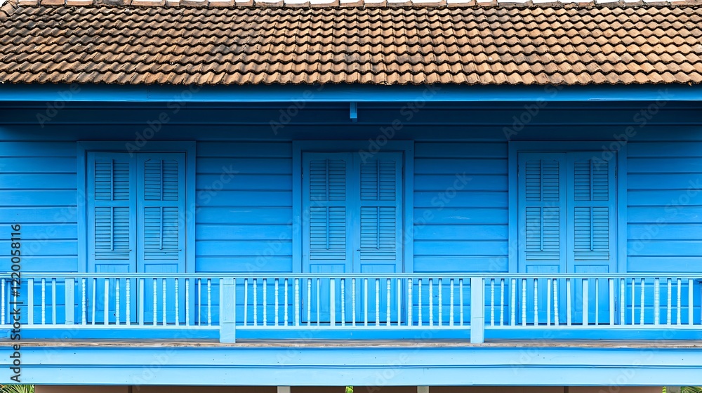 Blue house facade with shutters and roof, architecture, for design background or real state Blue house facade with shutters and roof, architecture, for design background or real state