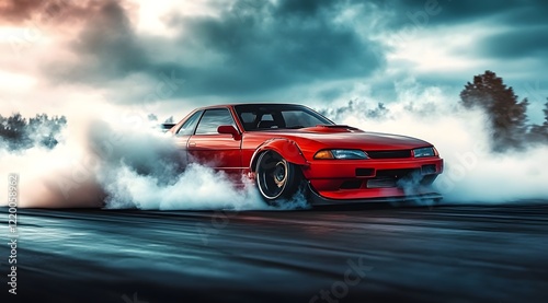 Car drift and smoke road with street asphalt track and wheel fast drive, motorsport burnout with performance turbo motion 