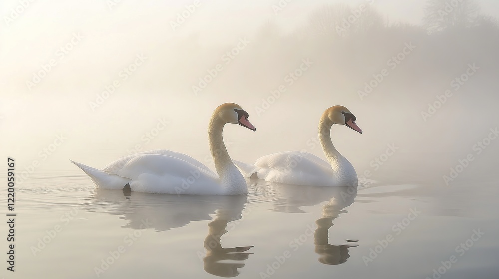 Two graceful white swans swim on a misty lake at dawn, their reflections visible in the calm water. Two graceful white swans swim on a misty lake at dawn, their reflections visible in the calm water.