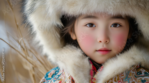 Tsagaan Sar, Portrait of young girl in traditional fur hat and embroidered clothing in natural setting photo