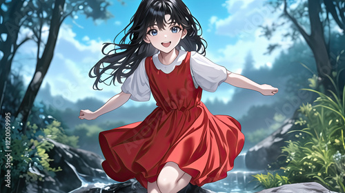 A girl in a red dress running across a large rock while balancing playfully on one foot in an outdoor natural setting under bright sunlight photo