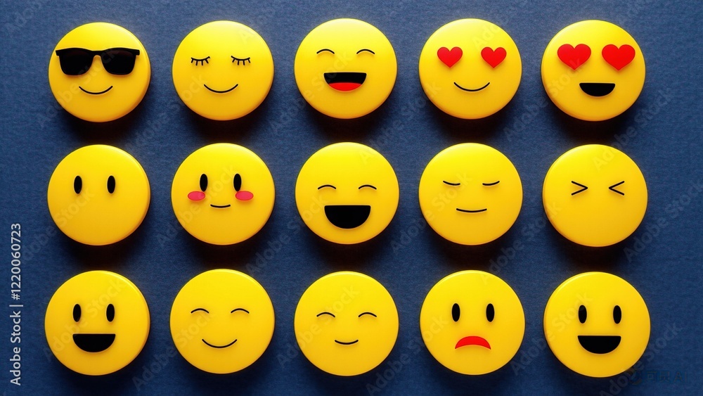 Obraz premium a grid of yellow emoji faces with various expressions, including smiles, heart eyes, laughter, and a frowning face, set against a blue background.