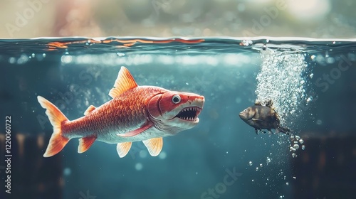 Small Fish Dreaming Big, A creative representation of ambition and growth in business, showcasing a small fish striving to embody the power and stature of a shark in a vast ocean. photo