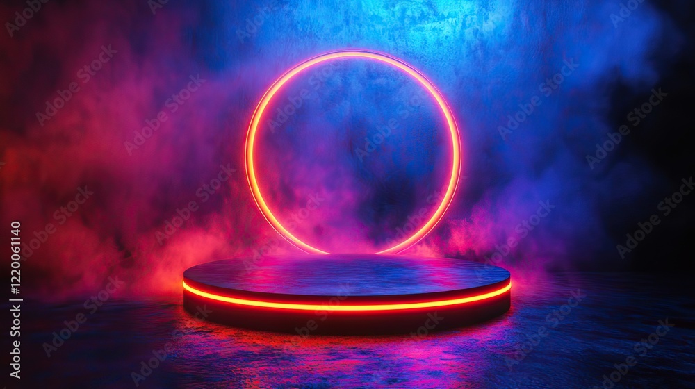 Empty circle podium on a dark blue background with rainbow crystal light refraction. A minimal scene for product mockups. Empty circle podium on a dark blue background with rainbow crystal light refraction. A minimal scene for product mockups.