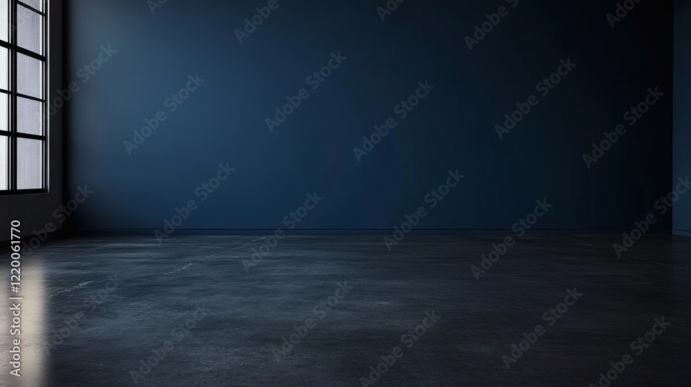 Dark Blue Room Interior with Large Window and Polished Concrete Floor - Modern Minimalist Design Dark Blue Room Interior with Large Window and Polished Concrete Floor - Modern Minimalist Design