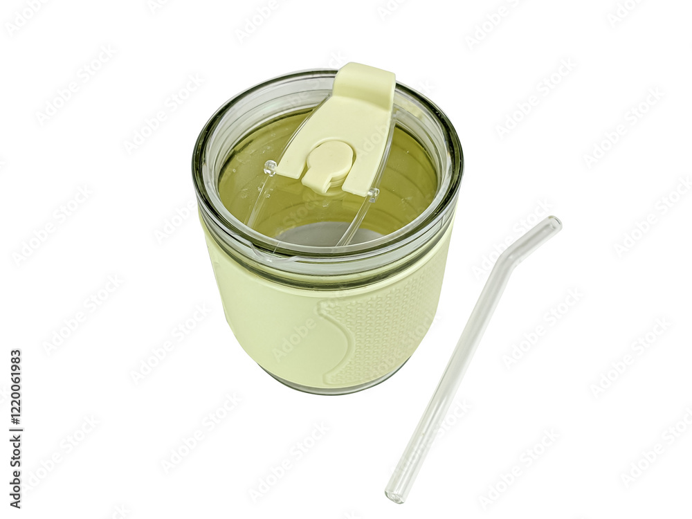 Glass cup with glass straw isolated on white background Glass cup with glass straw isolated on white background