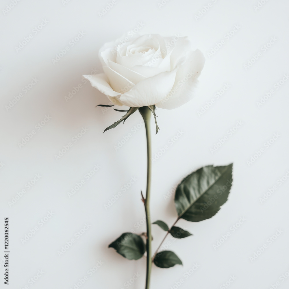 beautiful white rose stands elegantly against soft white background, symbolizing purity and grace. Its delicate petals and green leaves create serene and calming atmosphere beautiful white rose stands elegantly against soft white background, symbolizing purity and grace. Its delicate petals and green leaves create serene and calming atmosphere