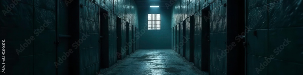 Prisoner's solitary confinement with only a faint light, mixed lighting, iron bars Prisoner's solitary confinement with only a faint light, mixed lighting, iron bars