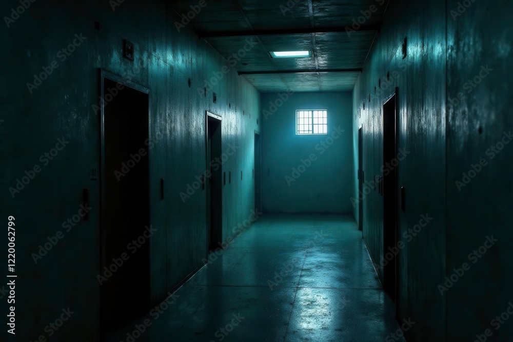 Prisoner's solitary confinement with only a faint light, cold cell, tight space, iron bars Prisoner's solitary confinement with only a faint light, cold cell, tight space, iron bars